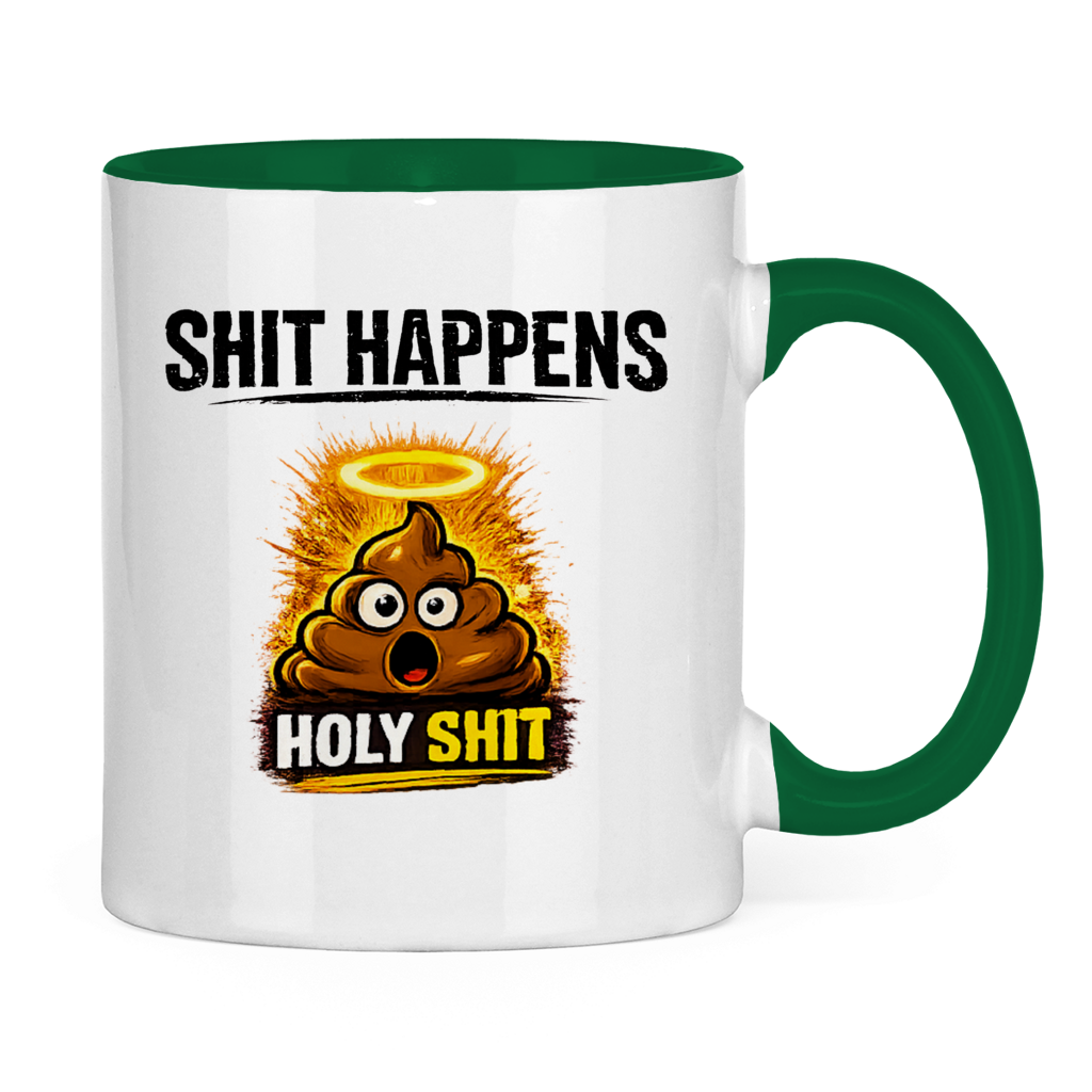 Tasse zweifarbig mit Motiv: Shit Happens Holy