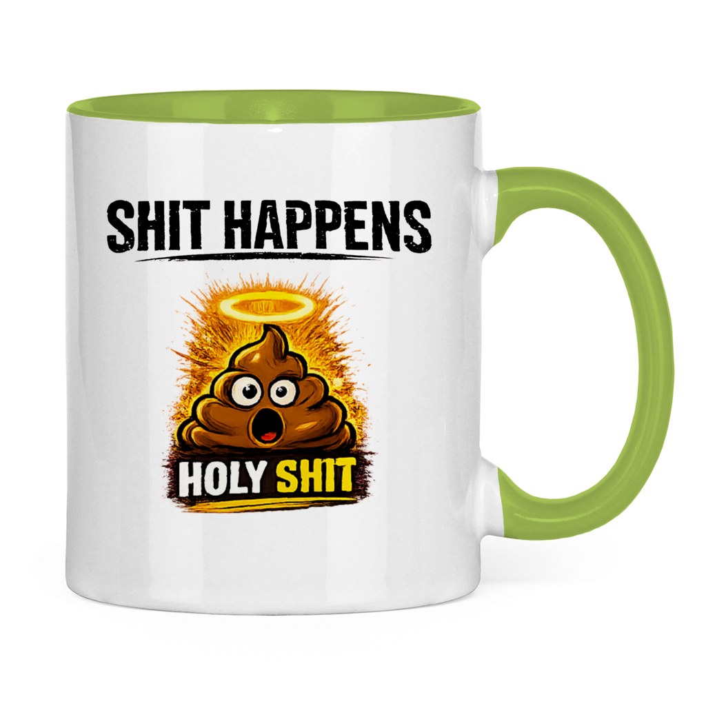 Tasse zweifarbig mit Motiv: Shit Happens Holy