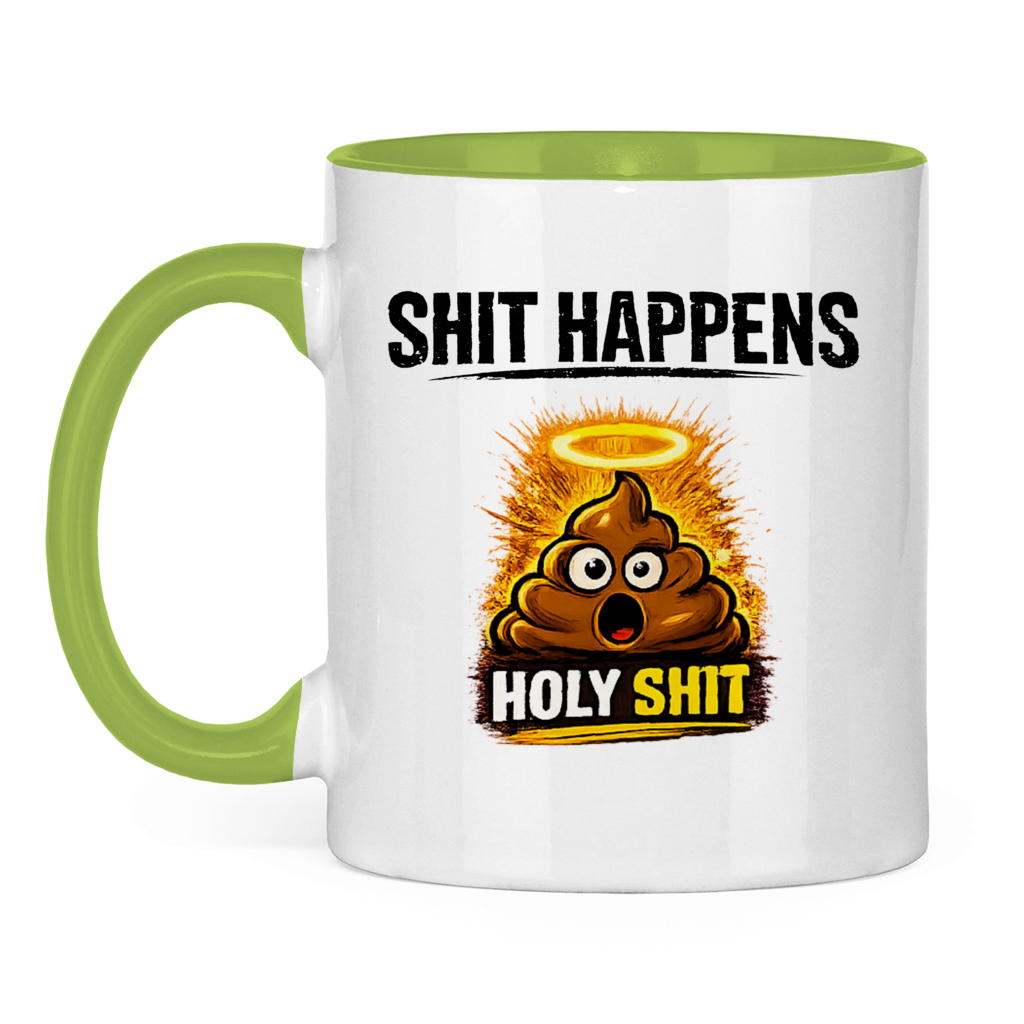 Tasse zweifarbig mit Motiv: Shit Happens Holy