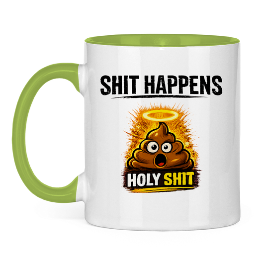Tasse zweifarbig mit Motiv: Shit Happens Holy