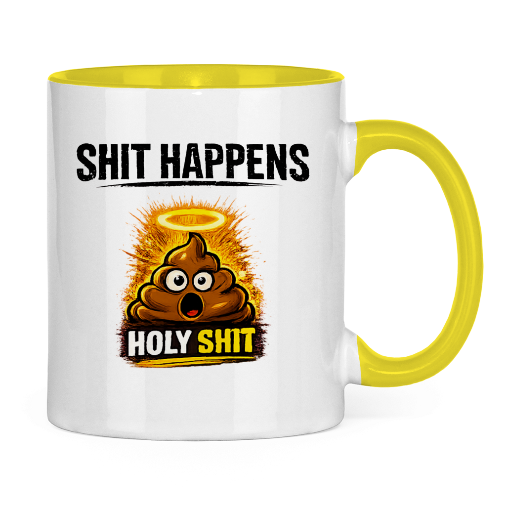 Tasse zweifarbig mit Motiv: Shit Happens Holy