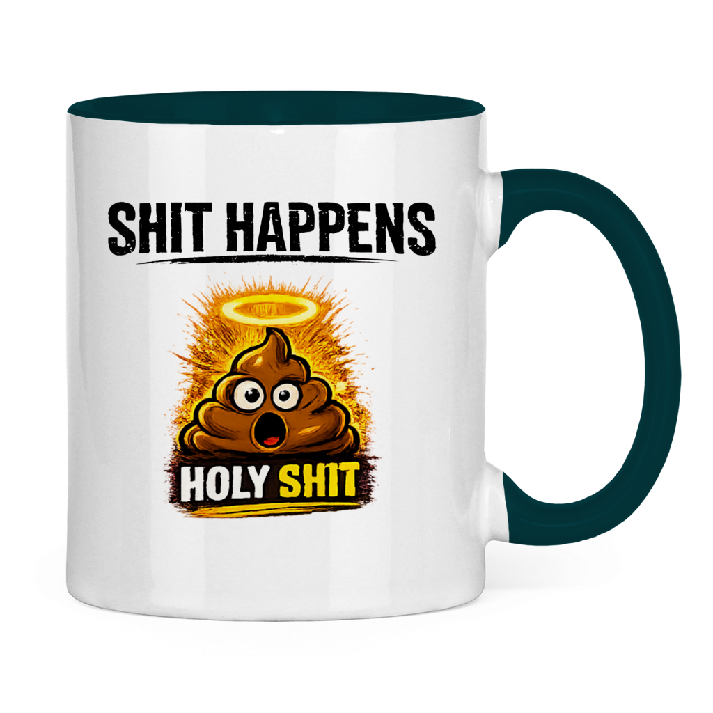 Tasse zweifarbig mit Motiv: Shit Happens Holy