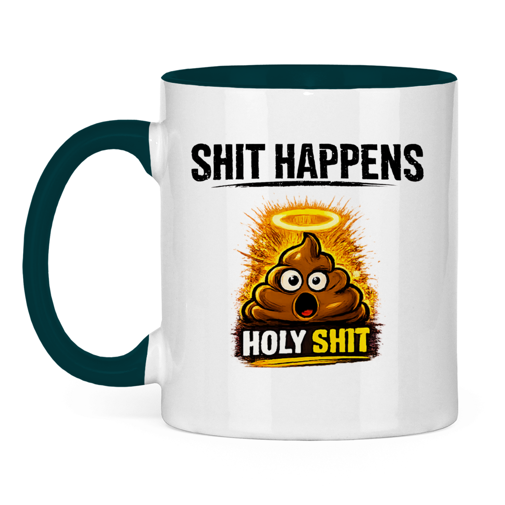 Tasse zweifarbig mit Motiv: Shit Happens Holy