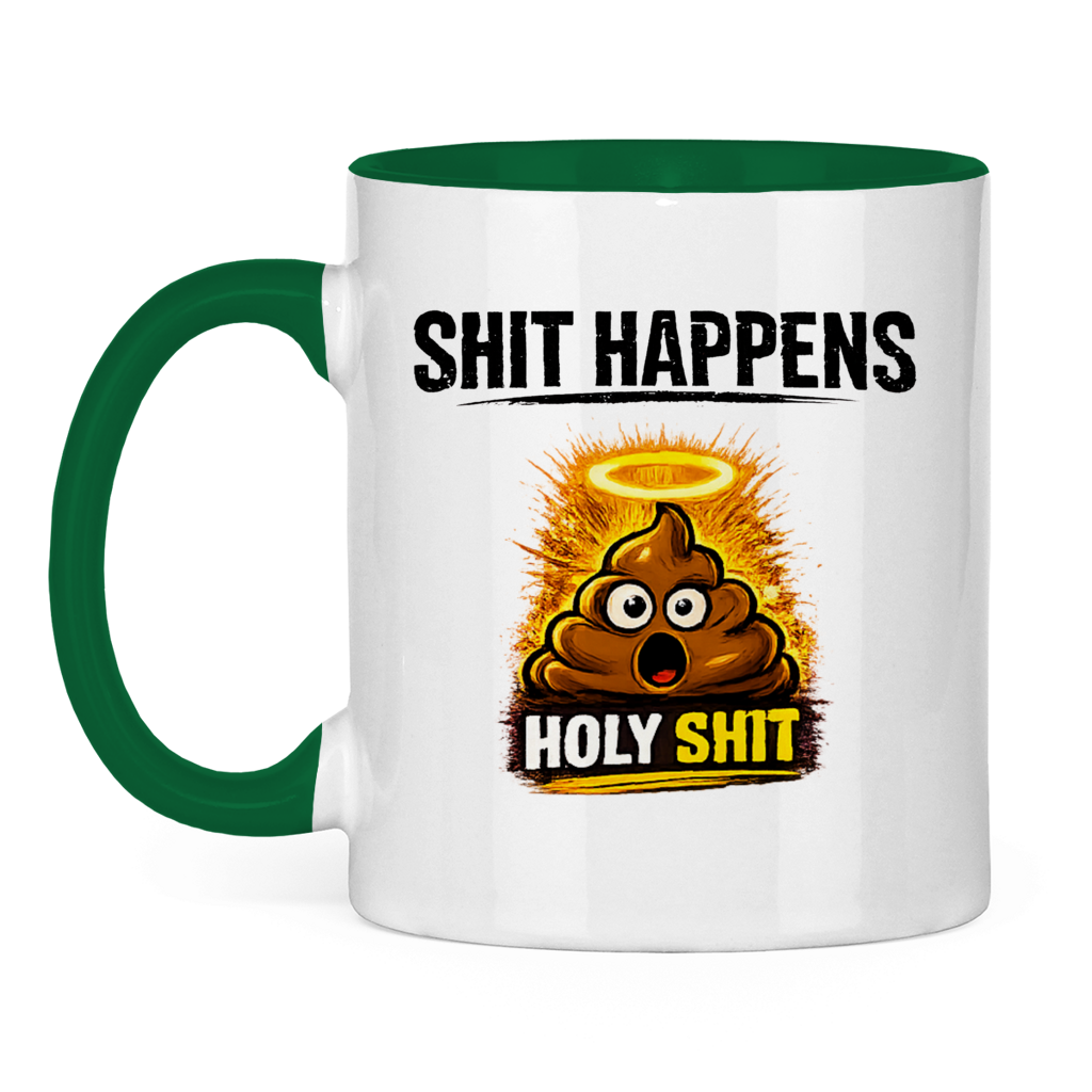 Tasse zweifarbig mit Motiv: Shit Happens Holy