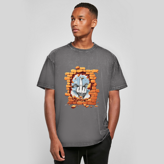 Oversize Washed T-Shirt Stonebreak-Möve-Mittelfinger