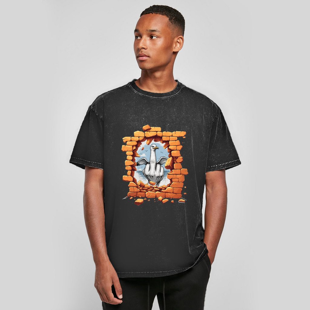 Oversize Washed T-Shirt Stonebreak-Möve-Mittelfinger