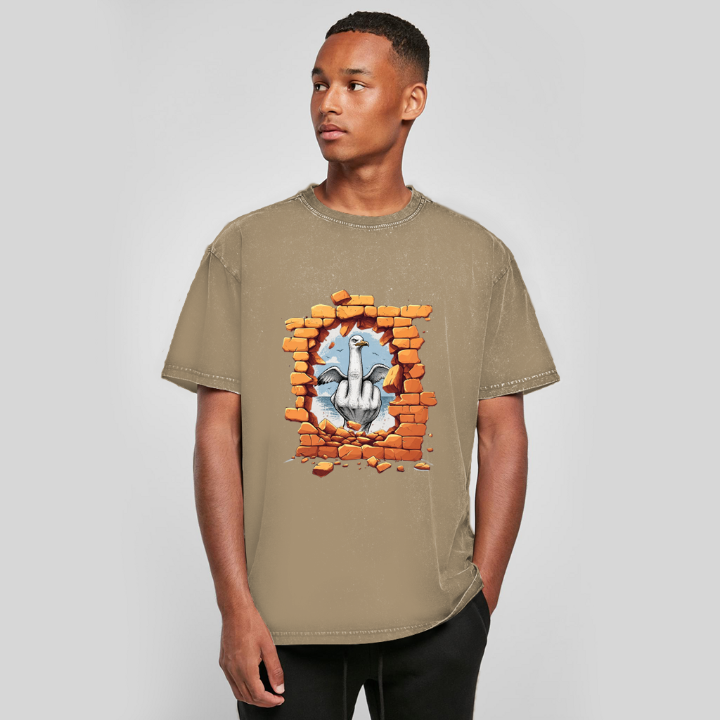 Oversize Washed T-Shirt Stonebreak-Möve-Mittelfinger