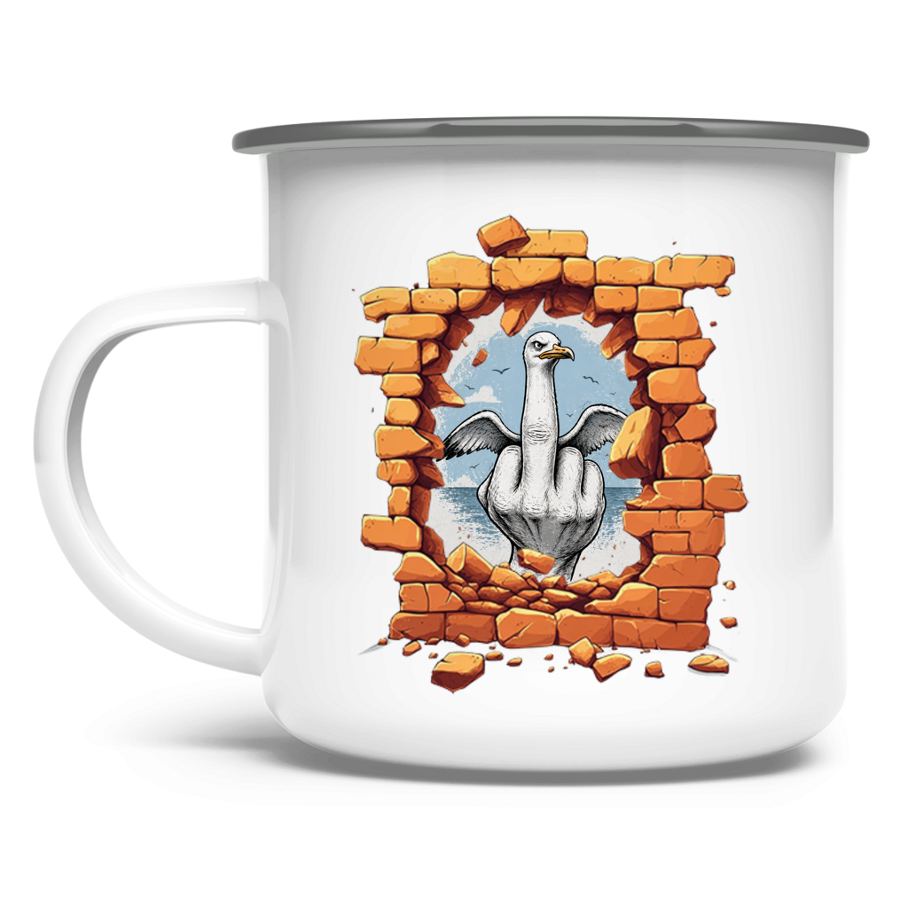 Emaille Tasse Stonebreak-Möve-Mittelfinger