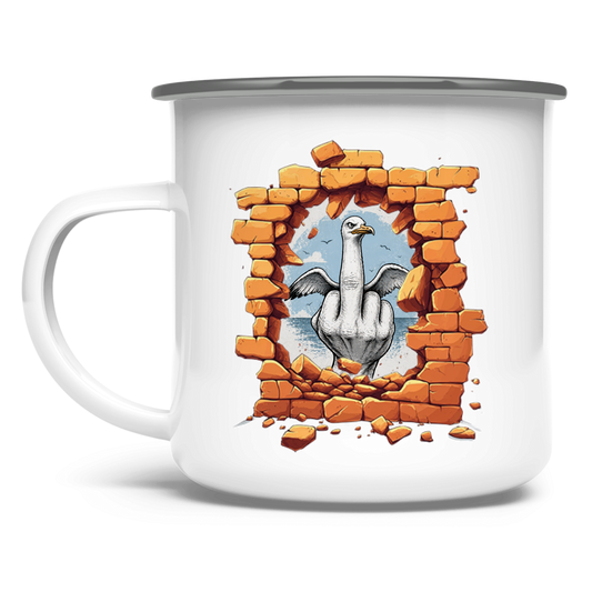 Emaille Tasse Stonebreak-Möve-Mittelfinger