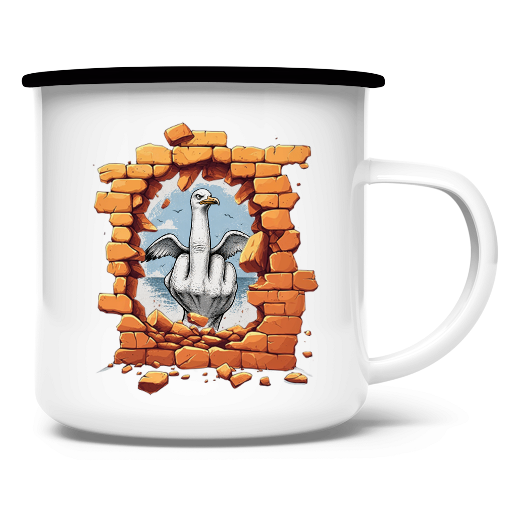 Emaille Tasse Stonebreak-Möve-Mittelfinger