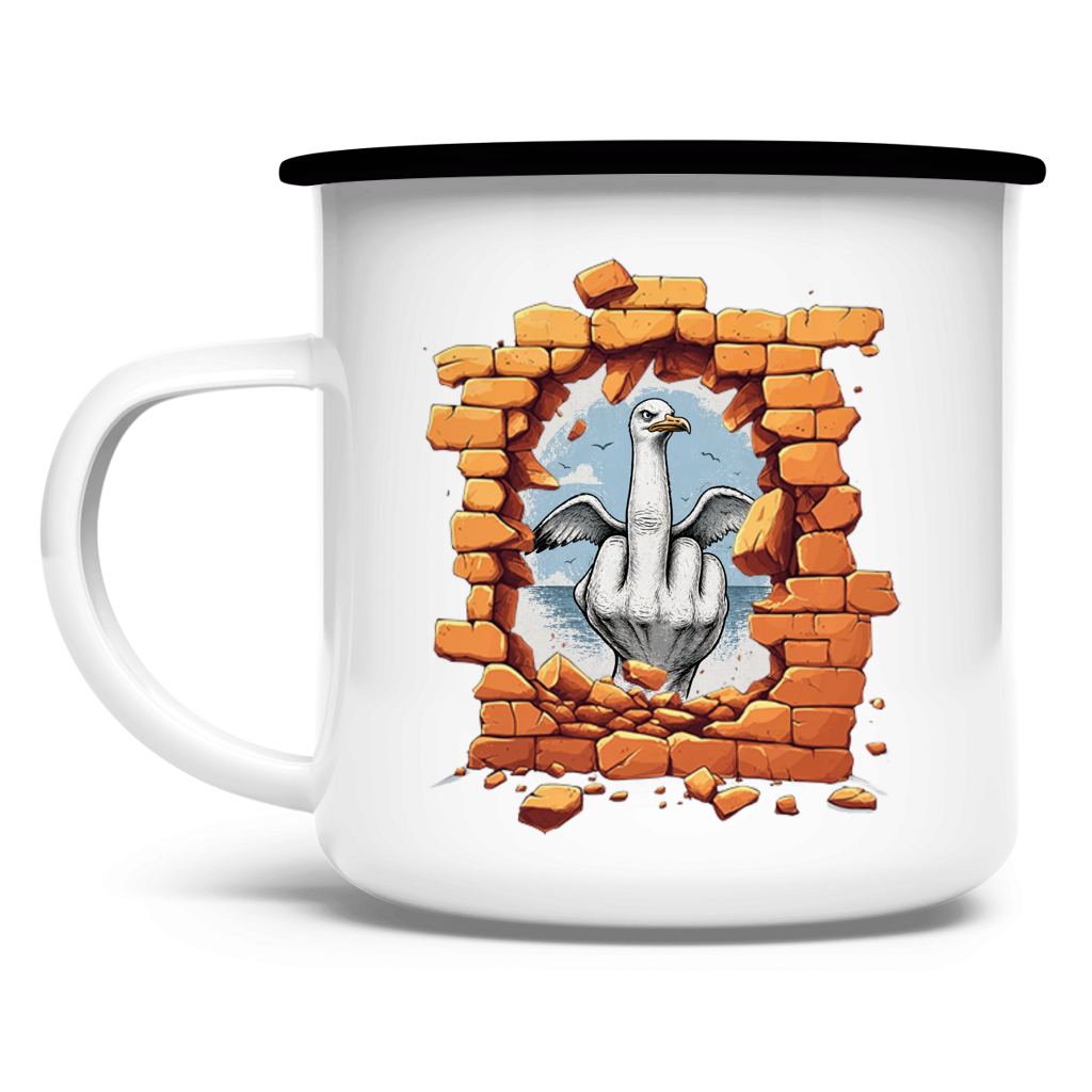 Emaille Tasse Stonebreak-Möve-Mittelfinger