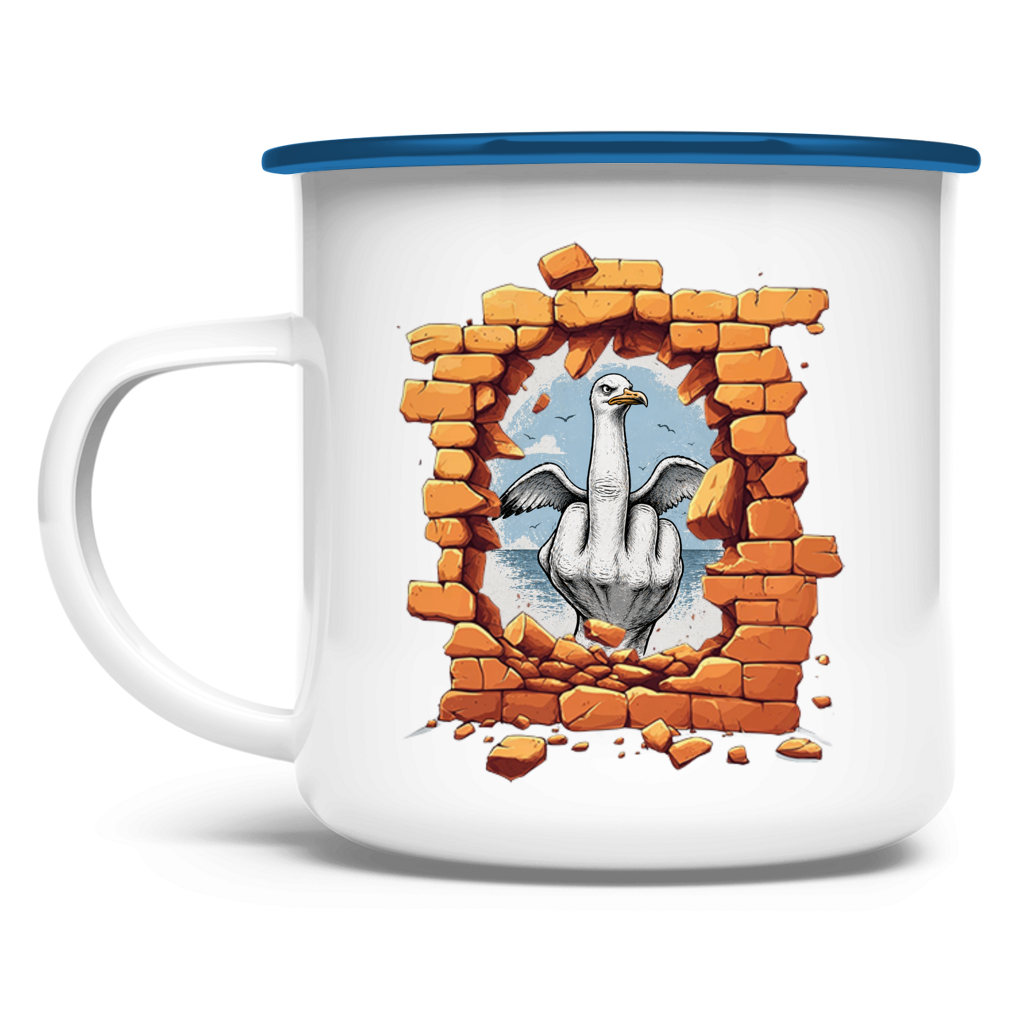 Emaille Tasse Stonebreak-Möve-Mittelfinger