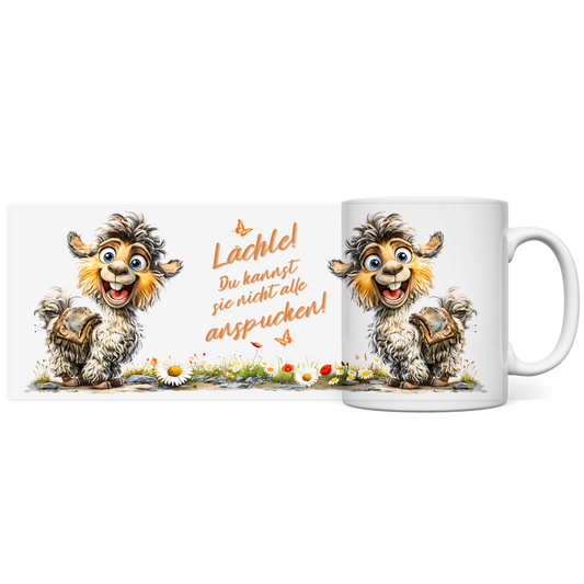 Panorama Tasse Lama mit Motiv: lächle