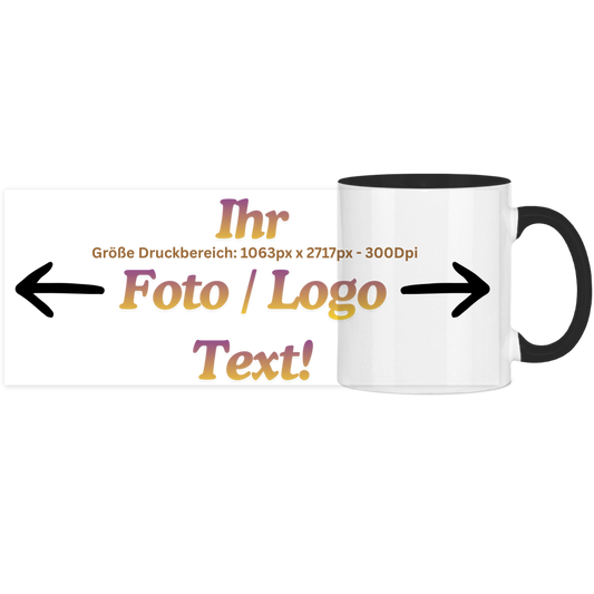 Panorama Tasse zweifarbig mit ihrem Foto / Text