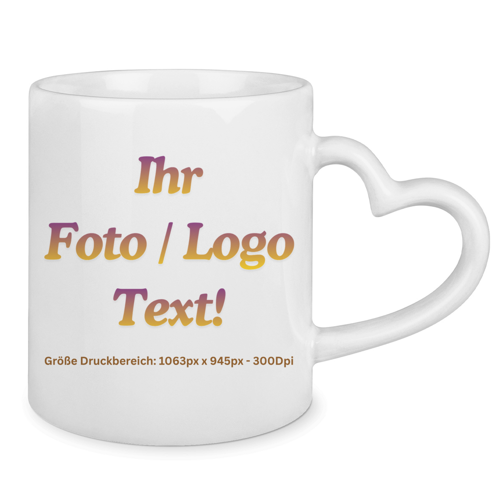 Tasse mit Herzhenkel mit ihrem Foto / Text