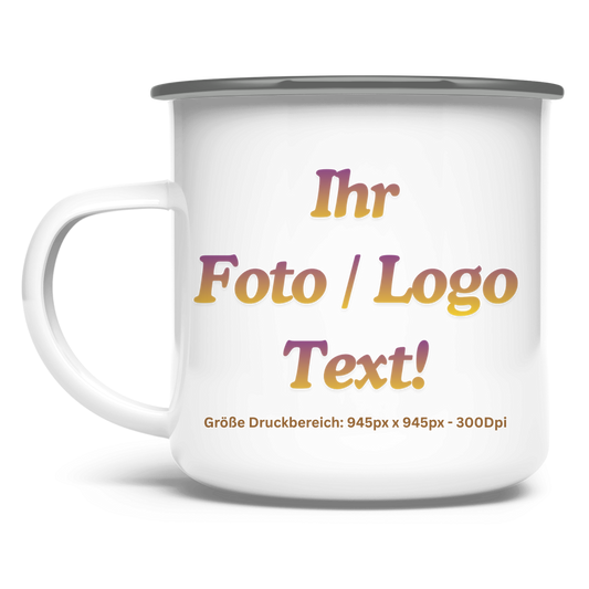 Emaille Tasse mit ihrem Foto / Text