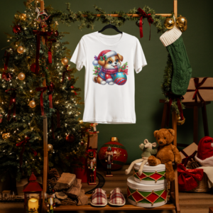 T-Shirt – Süßer Weihnachtswelpe vor festlichem Kranz