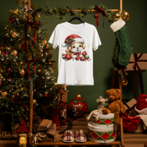 T-Shirt – Süßer Weihnachtswelpe mit Christbaumkugeln