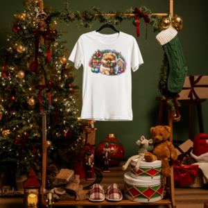 T-Shirt – Süße Weihnachtskatze mit Lebkuchenhaus