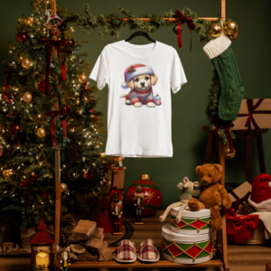 T-Shirt – Süßer Weihnachtswelpe mit Christbaumkugeln