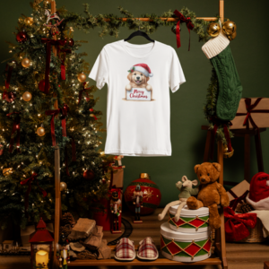 T-Shirt – Süßer Weihnachtswelpe mit „Merry Christmas“-Schild
