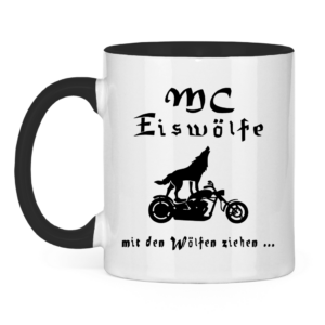 Tasse zweifarbig MC Eiswölfe mit Motiv: mit den Wölfen ziehn