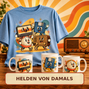 „Helden von damals“ mit Retro-Technikmotiven auf Shirt und Tassen.