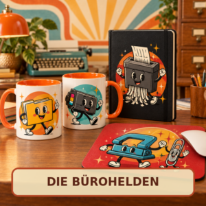 „Die Bürohelden“ mit Tassen, Notizbuch und Mousepad.