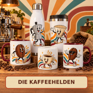 „Die Kaffeehelden“ mit Tassen, Thermoflasche und Kaffeekasse.