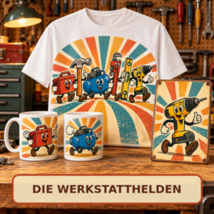 „Die Werkstatthelden“ mit Tassen, Shirt und Blechschild.