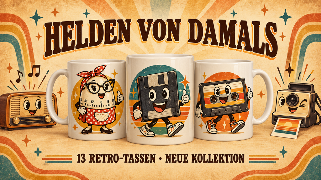 Helden von damals – neue Kollektion mit 13 humorvollen Retro-Tassen