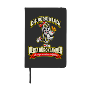 Schwarzes Notizbuch mit Berta Büroklammer und dem Spruch „Ich hänge an meinen Aufgaben.“