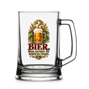 Bierkrug mit Vintage-Biermotiv und Spruch „Bier – meine Antwort auf komische Fragen“