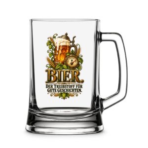 Bierkrug mit rustikalem Motiv und Spruch „Bier – der Treibstoff für gute Geschichten“