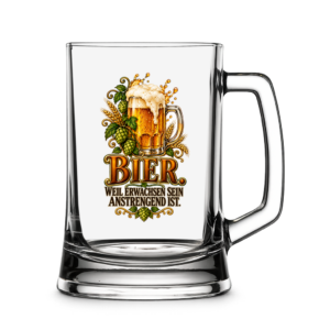 Bierkrug mit Vintage-Motiv und Spruch „Bier – weil Erwachsensein anstrengend ist“