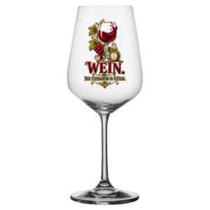 Weinglas mit Vintage-Motiv und Spruch „Wein – der Feierabend in flüssig“