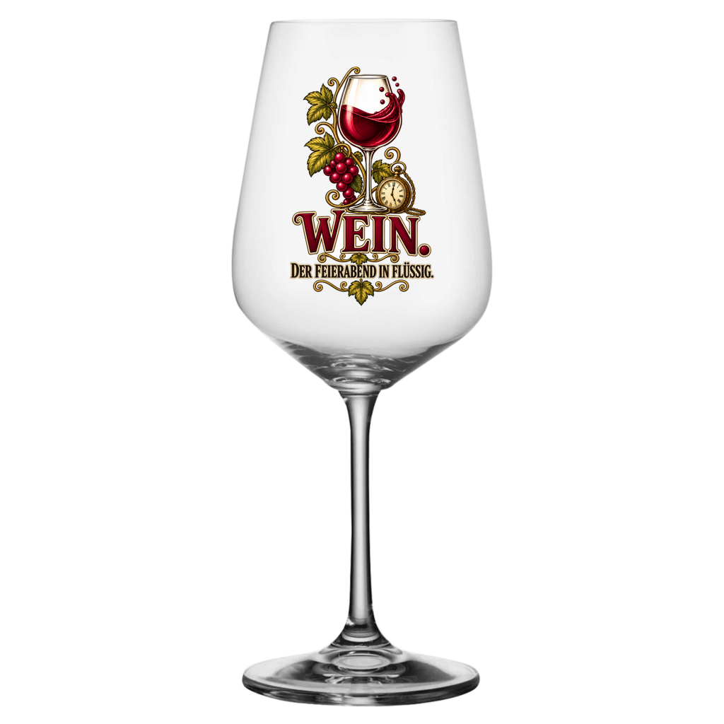 Weinglas mit Vintage-Motiv und Spruch „Wein – der Feierabend in flüssig“