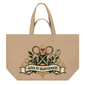Shopping Bag mit Schere, Garn und Schriftzug Glück ist selbstgemacht