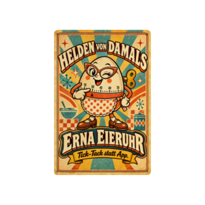 Retro-Blechschild mit Erna Eieruhr und dem Spruch Tick-Tack statt App.