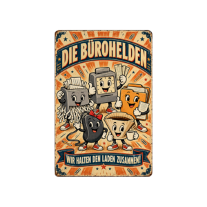 Retro-Blechschild „Die Bürohelden“ mit fünf lustigen Bürofiguren und dem Spruch „Wir halten den Laden zusammen!“