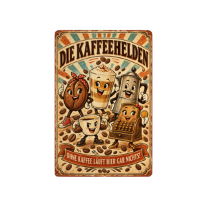 Retro-Blechschild „Die Kaffeehelden“ mit fünf lustigen Kaffeefiguren und dem Spruch „Ohne Kaffee läuft hier gar nichts!“