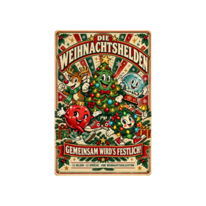 Retro-Blechschild „Die Weihnachtshelden“ mit mehreren humorvollen Weihnachtsfiguren in festlicher Gestaltung.
