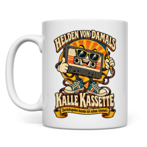 Weiße Retro-Tasse mit Kalle Kassette und dem Spruch „Zurückspulen konnte ich schon immer.“