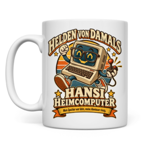 Weiße Retro-Tasse mit Hansi Heimcomputer und dem Spruch „Mein Speicher war klein, meine Abenteuer riesig.“