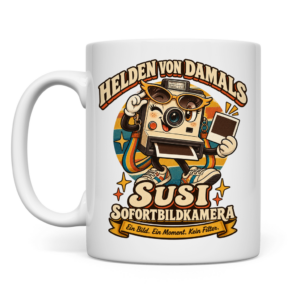 Weiße Retro-Tasse mit Susi Sofortbildkamera und dem Spruch „Ein Bild. Ein Moment. Kein Filter.“