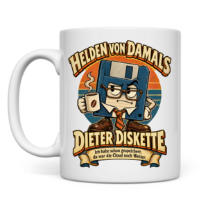 Weiße Retro-Tasse mit Dieter Diskette und dem Spruch „Ich habe schon gespeichert, da war die Cloud noch Wetter.“
