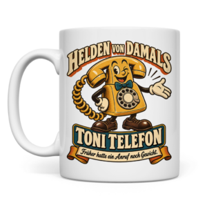Weiße Retro-Tasse mit Toni Telefon und dem Spruch „Früher hatte ein Anruf noch Gewicht.“