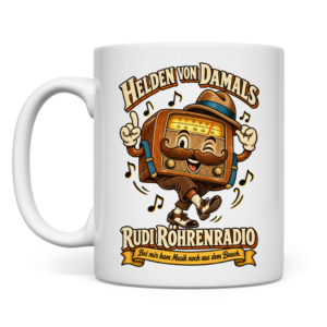 Weiße Retro-Tasse mit Rudi Röhrenradio und dem Spruch „Bei mir kam Musik noch aus dem Bauch.“