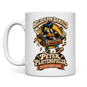 Weiße Retro-Tasse mit Peter Plattenspieler und dem Spruch „Bei mir läuft’s rund.“