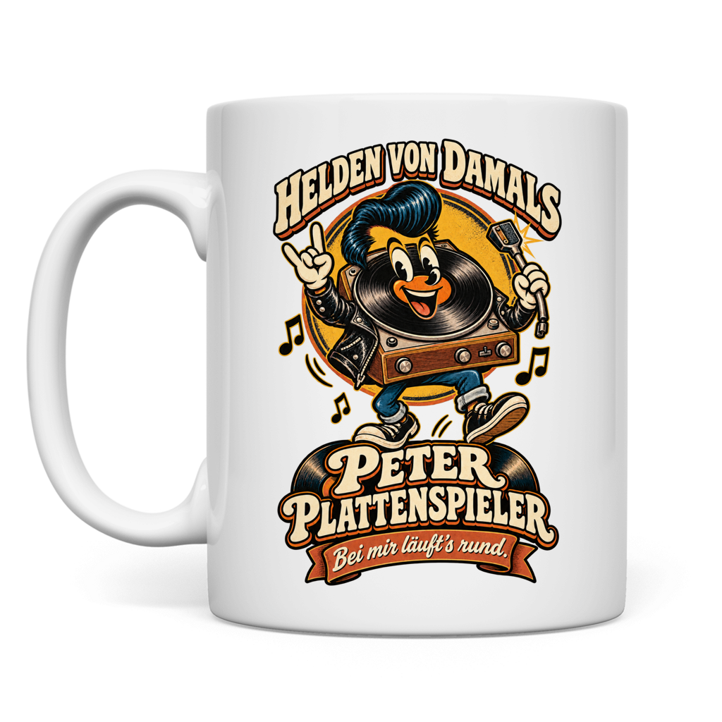 Weiße Retro-Tasse mit Peter Plattenspieler und dem Spruch „Bei mir läuft’s rund.“